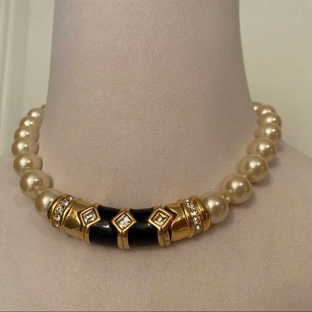 SWAROVSKI NECKLACE CHOKER PEARLS GOLD BLACK ENAMEL CRYSTALS 17” STATEMENT